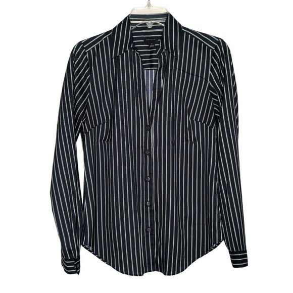 Ann Taylor long sleeve button front navy blue with white green stripes blouse XS - Picture 1 of 9